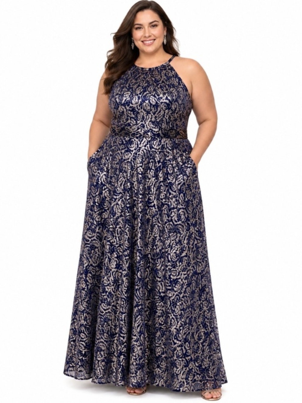 Betsy & Adam - Foil Sleeveless Metallic Floral Gown with Pockets